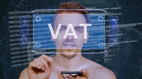 Guy interacts HUD hologram VAT Stock Footage 112055182