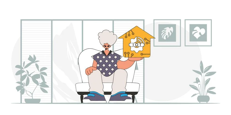 Guy with IoT logo, sitting on floor in modern vector style. Illustrazione stock
