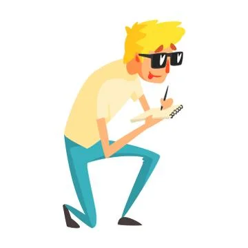 Guy Journalist In Shades Writing Down, Official Press Reporter Working Stock Illustration