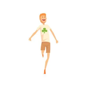 Guy jumping with joyful face expression. Man in brown shorts and t-shirt with Stock Illustration