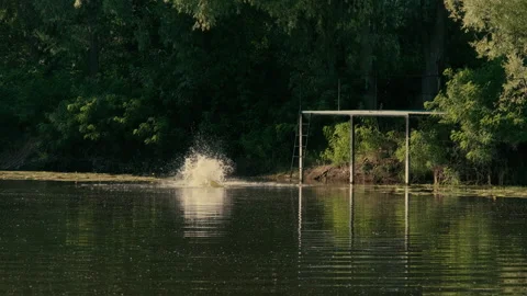 A guy jumps into the lake from the jetty at sunset Stock Footage 203903633