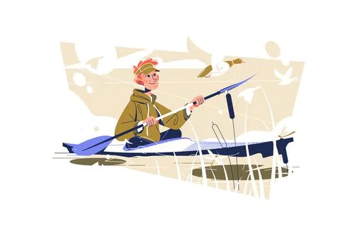 Guy kayaking on river in wild nature Stock Illustration