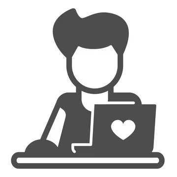 Guy with laptop and heart solid icon, dating concept, datig site vector sign on Stock Illustration