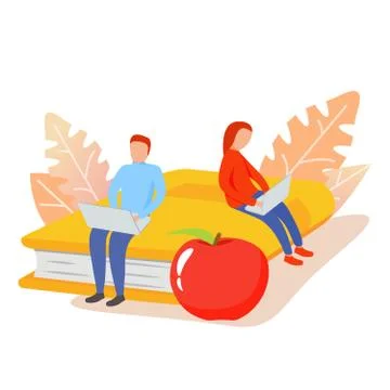 Guy with laptop.The concept of distance e-learning.Online education.Girl with Stock Illustration