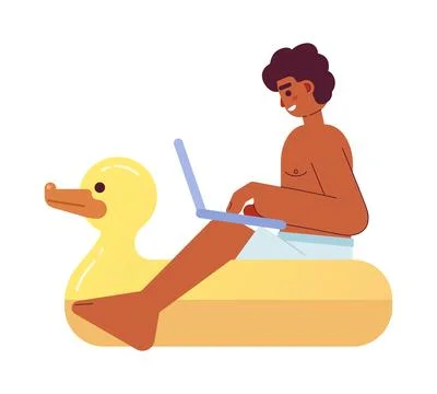 Guy with laptop on duck pool float semi flat color vector character Stock Illustration