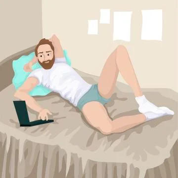 The guy with the laptop lies in a bed. Vector color illustration of the Stock Illustration