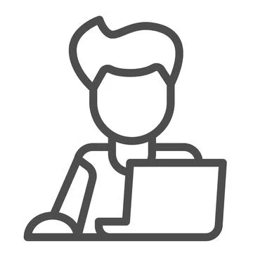Guy on laptop with mouse, freelancer, programmer line icon, work concept Stock-Illustration