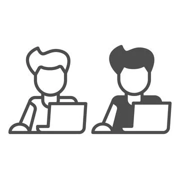Guy on laptop with mouse, freelancer, programmer line and solid icon, work Stock-Illustration