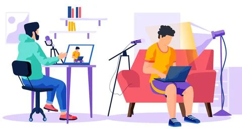 The guy with the laptop sits by the light of the lamp. Man assembling video clip Stock Illustration