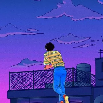 Guy leaning on a railing looking at the sunset with a purple cloudy sky in the b Stock Illustration