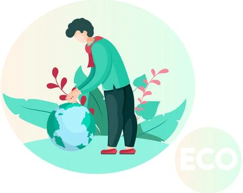 Guy leans towards small globe. Man thinking about environment and caring for Stock Illustration