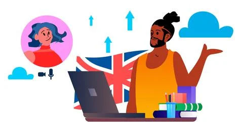 Guy learning language on laptop online education e-learning concept horizontal Stock Illustration