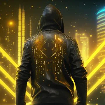 Guy in a leather jacket and a hood, view from the back, cyberpunk style Stock Illustration