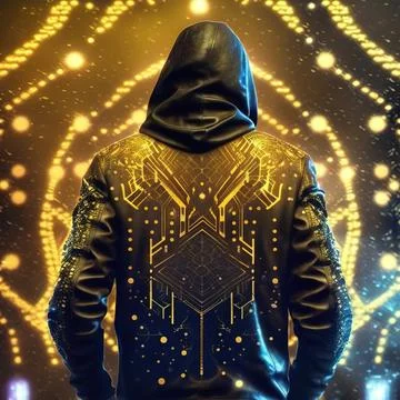 Guy in a leather jacket and a hood, view from the back, cyberpunk style Stock Illustration