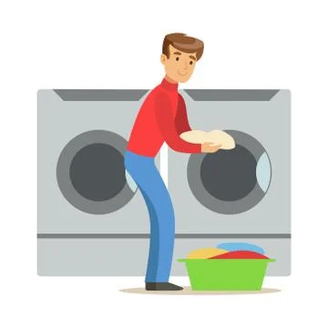 Guy Loading Dirty Laundry, Part Of People Using Automatic Self-Service Illustrazione stock