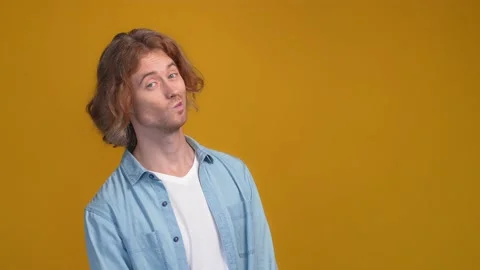 Guy look empty space imagine clean clear gel isolated vivid color background Stock Footage 169277536