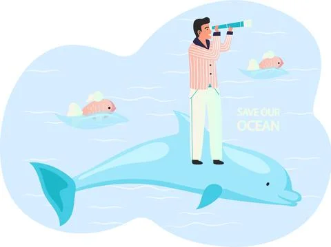 Guy looking at spyglass while standing on large dolphin. Save our ocean concept Stock Illustration