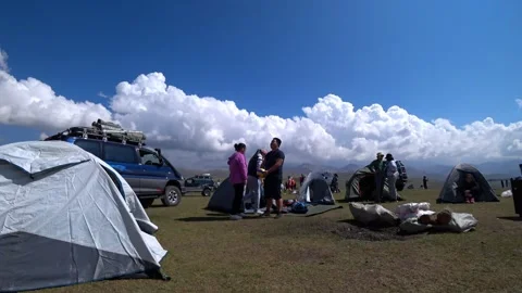 The guy looks out of the tent with a view Video stock 251742658