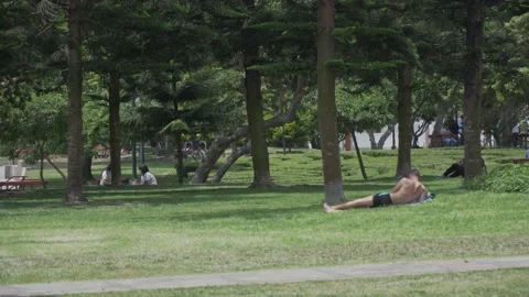 A guy lounging on the grass without his shirt on. Video stock 172424483