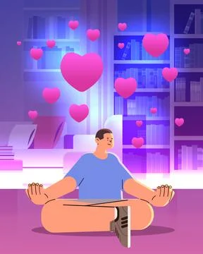 Guy in love sitting lotus pose in living room with pink air balloons in heart Stock Illustration