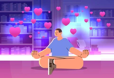 Guy in love sitting lotus pose in living room with pink air balloons in heart Stock Illustration