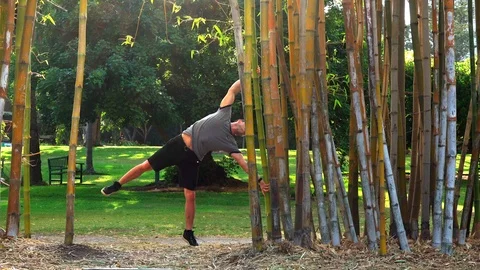 Guy makes a human flag element on bamboo stems in a park Stock Footage 121388471