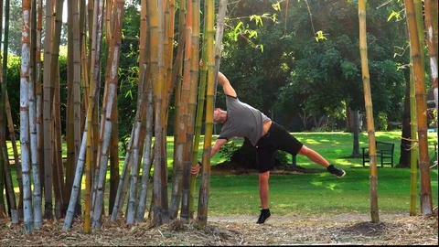 Guy makes a human flag element on bamboo in a park Stock Footage 121388502