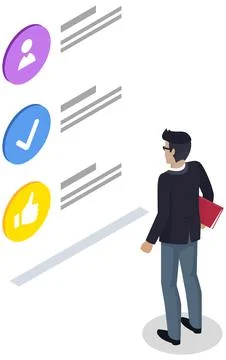 Guy makes notes in clipboard and studies program, social network. Employee works Stock Illustration