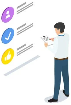 Guy makes notes in clipboard and studies program, social network. Employee works Stock Illustration