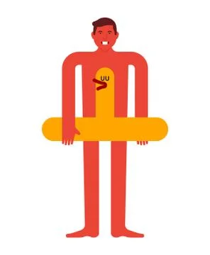 Guy man and swim ring duck. Man and  and an inflatable rubber ring. Summer re Ilustración de archivo