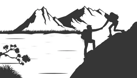 The guy, man extends a helping hand to the friend. Abstract landscape, Vector 스톡 일러스트