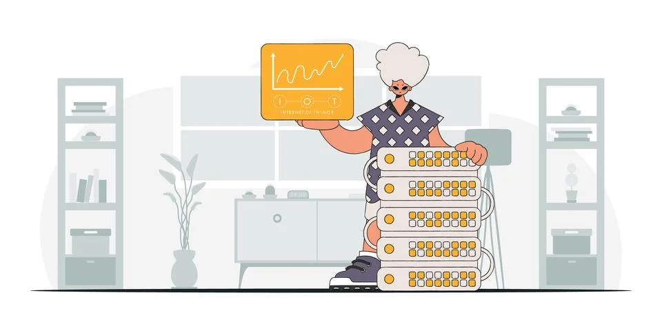 Guy with modern style, grasping an Internet of Things logo vector. Stock Illustration