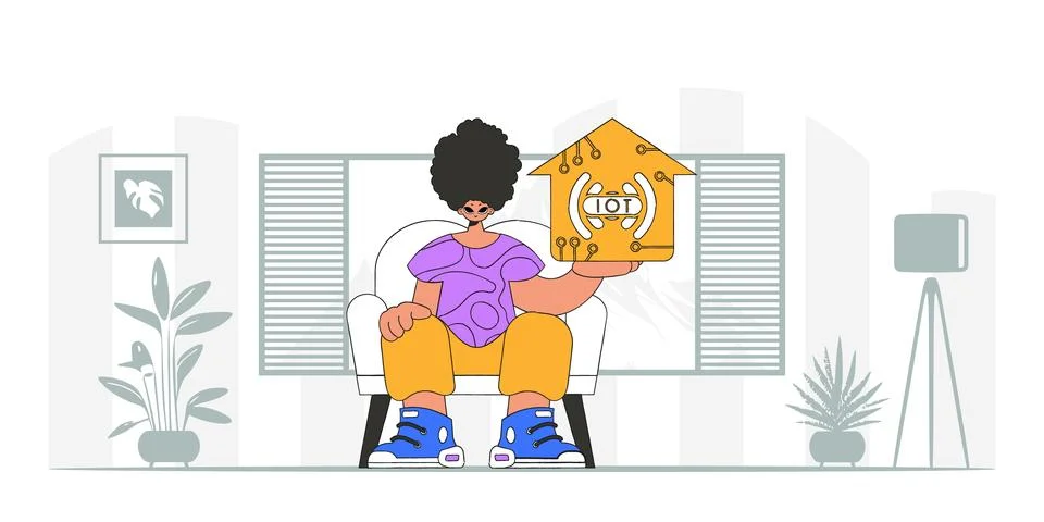 A guy in a modern vector style sits on the floor and holds an IoT logo. Stockillustratie