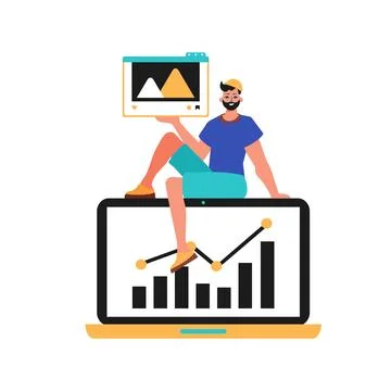 Guy with movie and increase graph . The subject of message print plan. Trendy Illustrazione stock