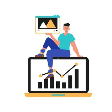Guy with movie and increase graph . The subject of message print plan. Trendy Stock Illustration