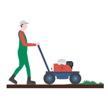 Guy mowing grass. artificial turf. Flat vector illustration. Stock Illustration