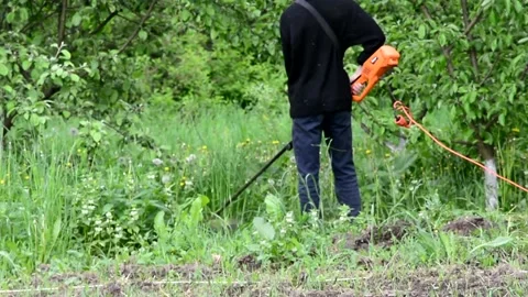 The guy mows the grass in the garden with a trimmer. Stock Footage 157859871