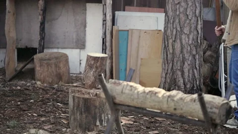 The guy near his barn, prepares logs for kindling Stock Footage 234537546