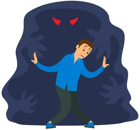 Guy next to monster, ghost in dark isolated. Man is scared of spooky phantom Stock Illustration
