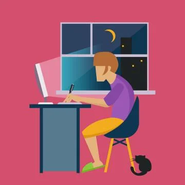 Guy In The Night At Home Working Freelance 스톡 일러스트