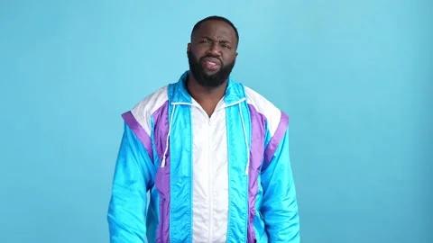 Guy not like card heart throw cross arms isolated blue color background Video stock 167549584