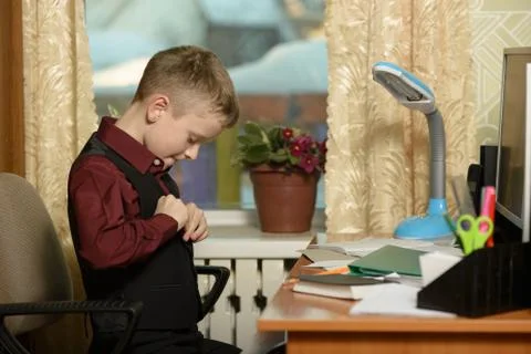 The guy at the office uses computer technology Foto stock