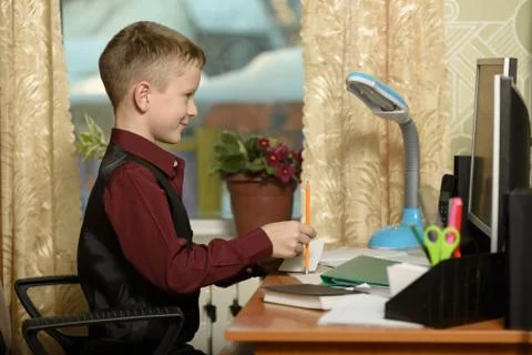 The guy at the office uses computer technology Foto stock