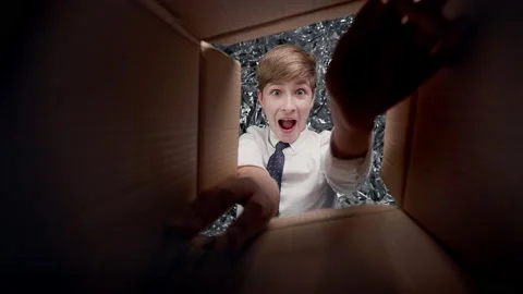 Guy Open Box. He Rejoice. Look From Middle Of Box. Stock Footage 182030601