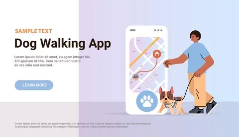 Guy owner with cute dog using walking app on smartphone best friends domestic 库存插图