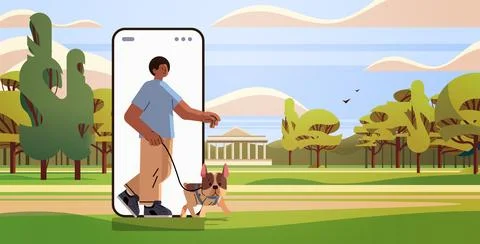 Guy owner with cute dog using walking app on smartphone best friends domestic 库存插图
