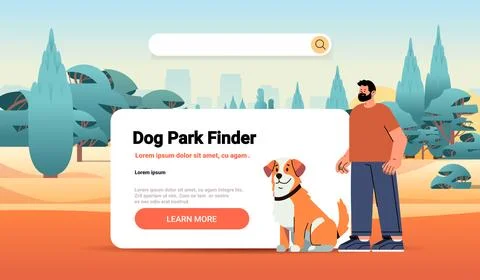 Guy owner with cute dog using park finder app best friends domestic animal Ilustración de archivo