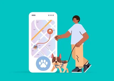 Guy owner with cute dog using walking app on smartphone best friends domestic 库存插图