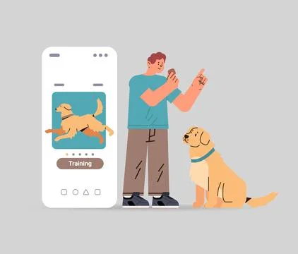 Guy owner with cute dog using training app best friends domestic animal 库存插图