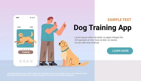 Guy owner with cute dog using training app best friends domestic animal 库存插图